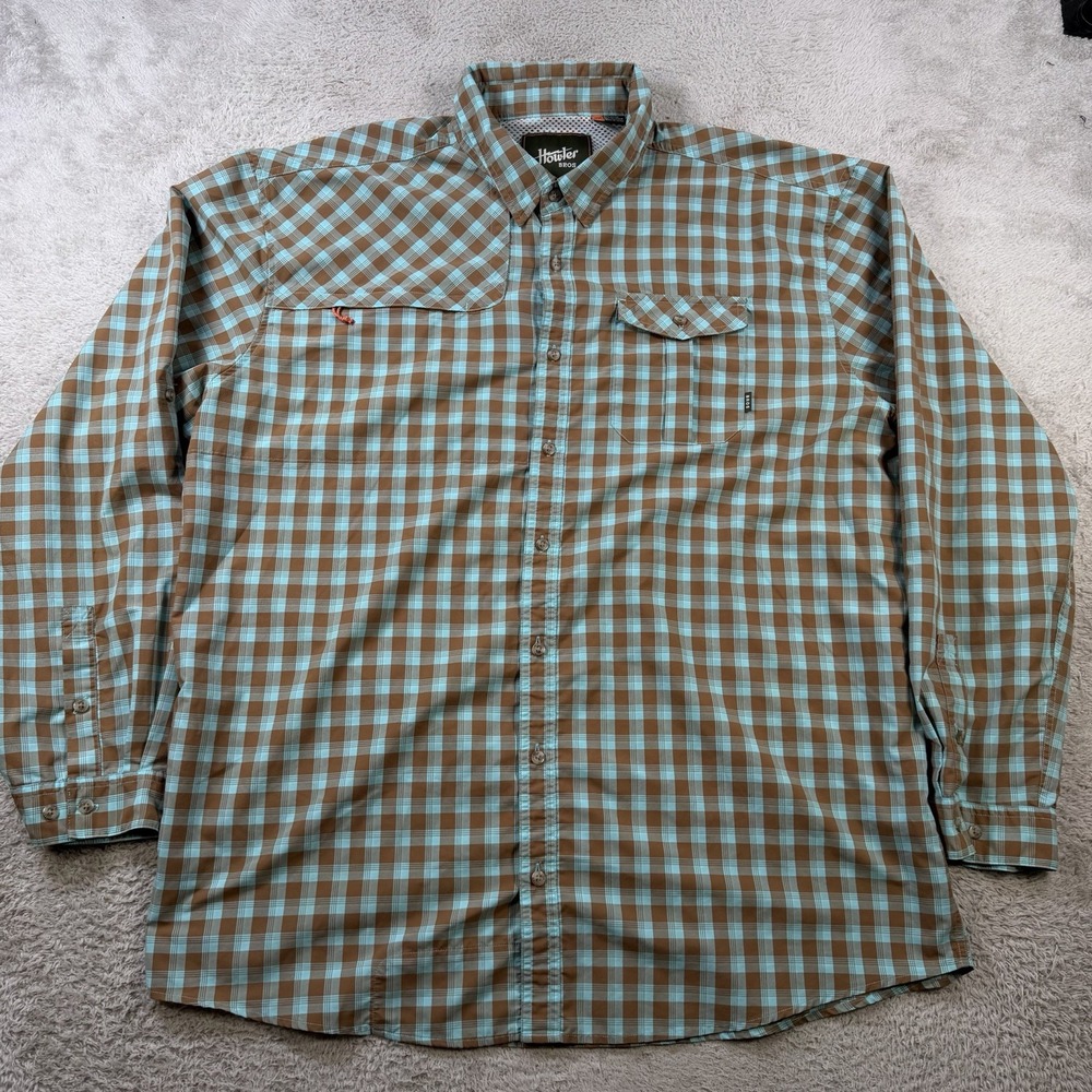 Howler Bros Shirt Mens 2XL Brown Blue Plaid Long Sleeve Button Up Fishing Pocket
